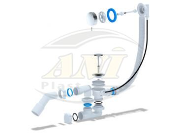 Bath pop-up adjustable waste, overflow and trap, 520mm with outlet pipe 45 40x50, metal