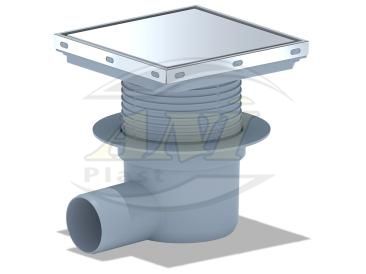 ANI Plast Adjustable Horizontal Floor Drain with 50 mm Outlet and 150 × 150 mm Stainless Steel Tile Grate