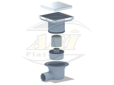 ANI Plast Adjustable Horizontal Floor Drain with 50 mm Outlet and 150 × 150 mm Stainless Steel Tile Grate